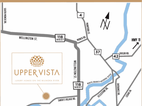 Map of Bracebridge featuring Upper Vista condos marked with a gold plaque. Illustrated roads include 118 West, 37, and 42, with nearby rivers shown in blue. Upper Vista is labeled as "Luxury Homes on the Muskoka River.