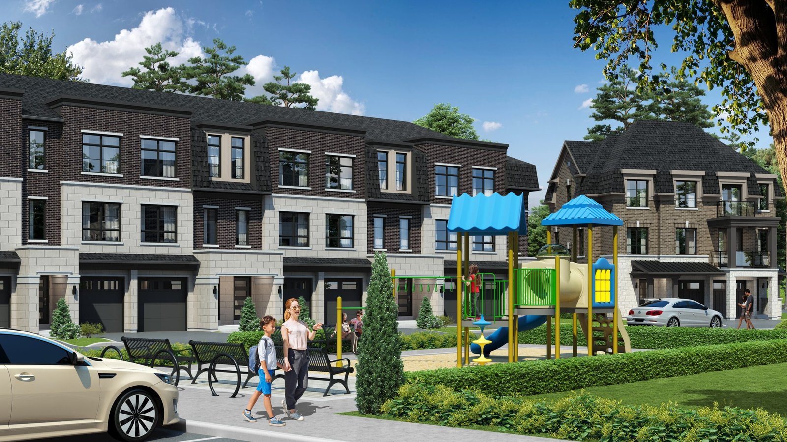 A couple strolls along a path in front of a row of modern townhouses. To their right is a small playground with slides and climbing structures. A car is parked nearby, and trees frame the scene under a clear blue sky, creating an inviting setting for new condos in Brampton.