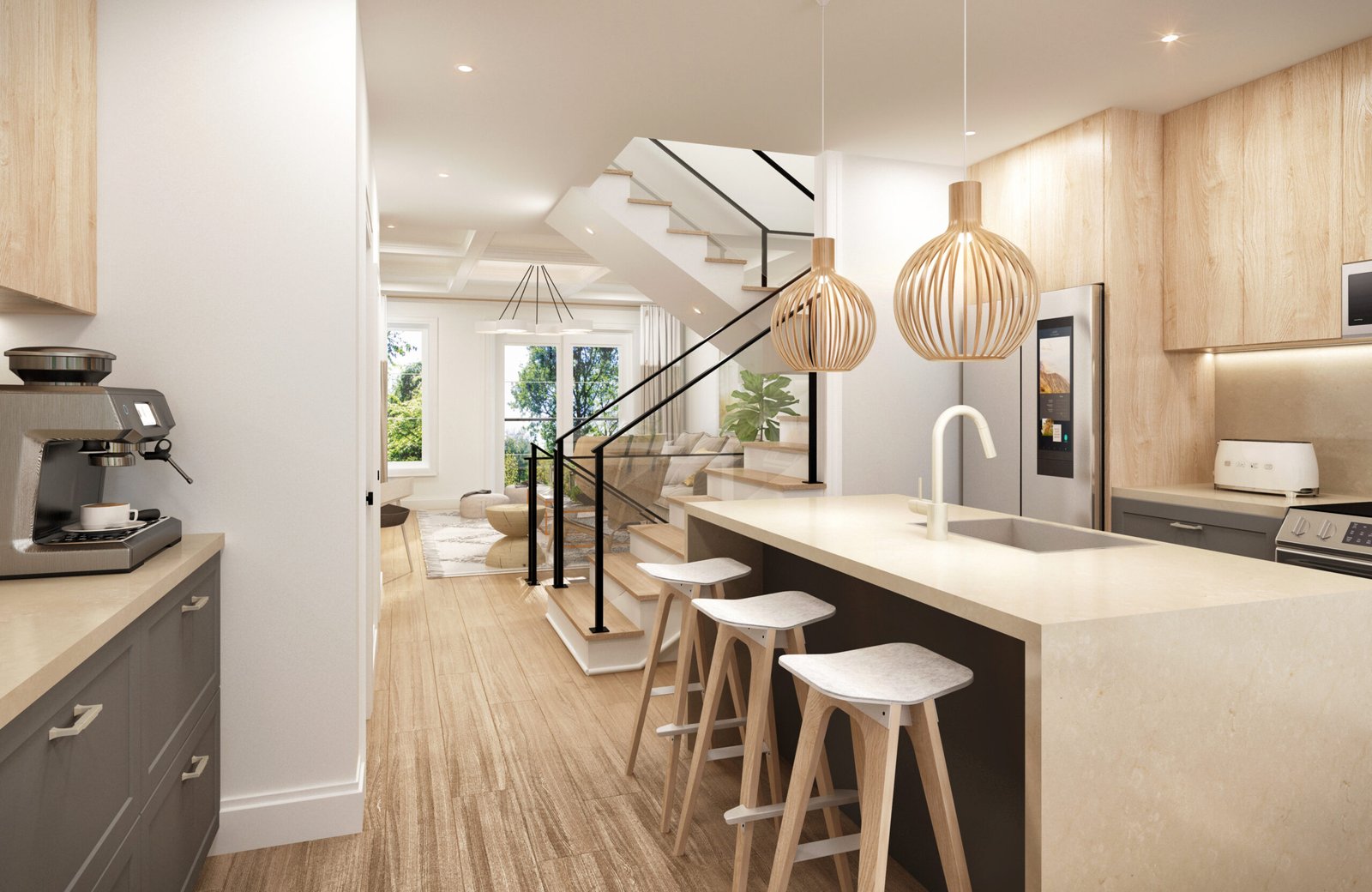 Discover a modern kitchen in new homes in Toronto, featuring light wood accents and a large island with three stools. Stylish pendant lights hang above. A staircase leads to a bright living area with cozy seating. Brown cabinets and a coffee machine are on the left, creating warmth and convenience.