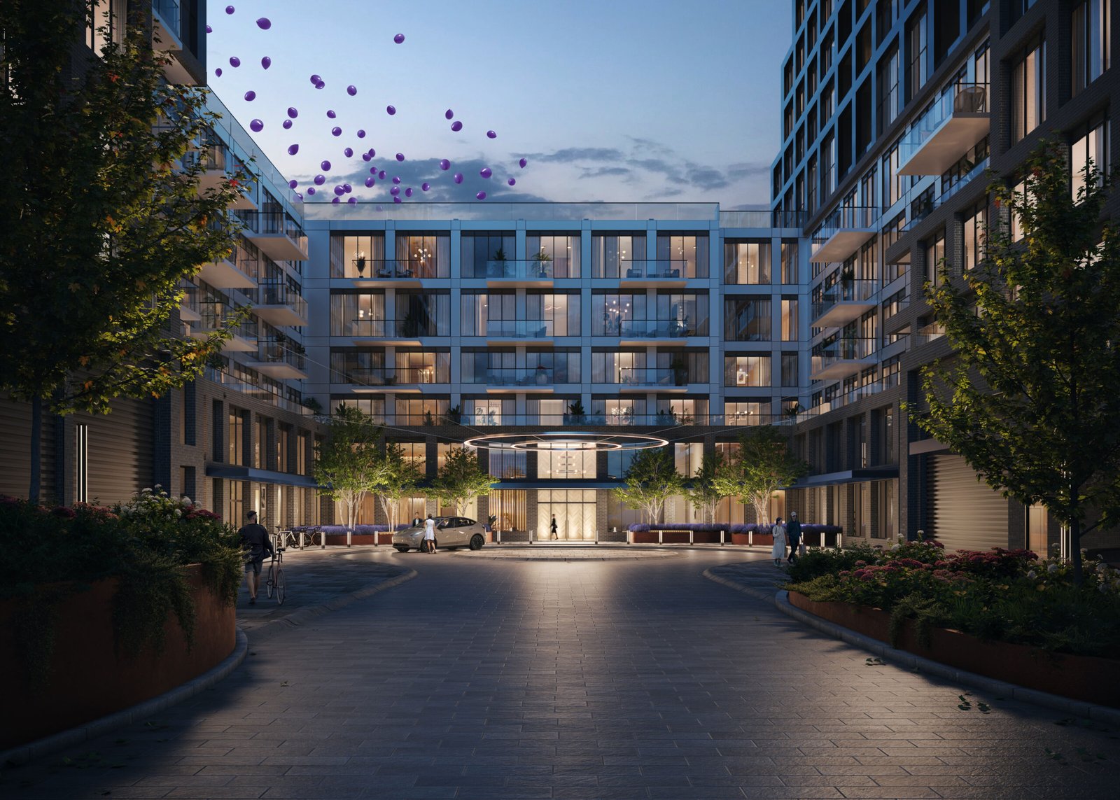 Above Condos is a modern apartment complex with several stories and large windows. The courtyard features trees and purple balloons in the sky. Evening lighting creates a warm atmosphere, and a white car is parked near the entrance, making it an inviting real estate gem.