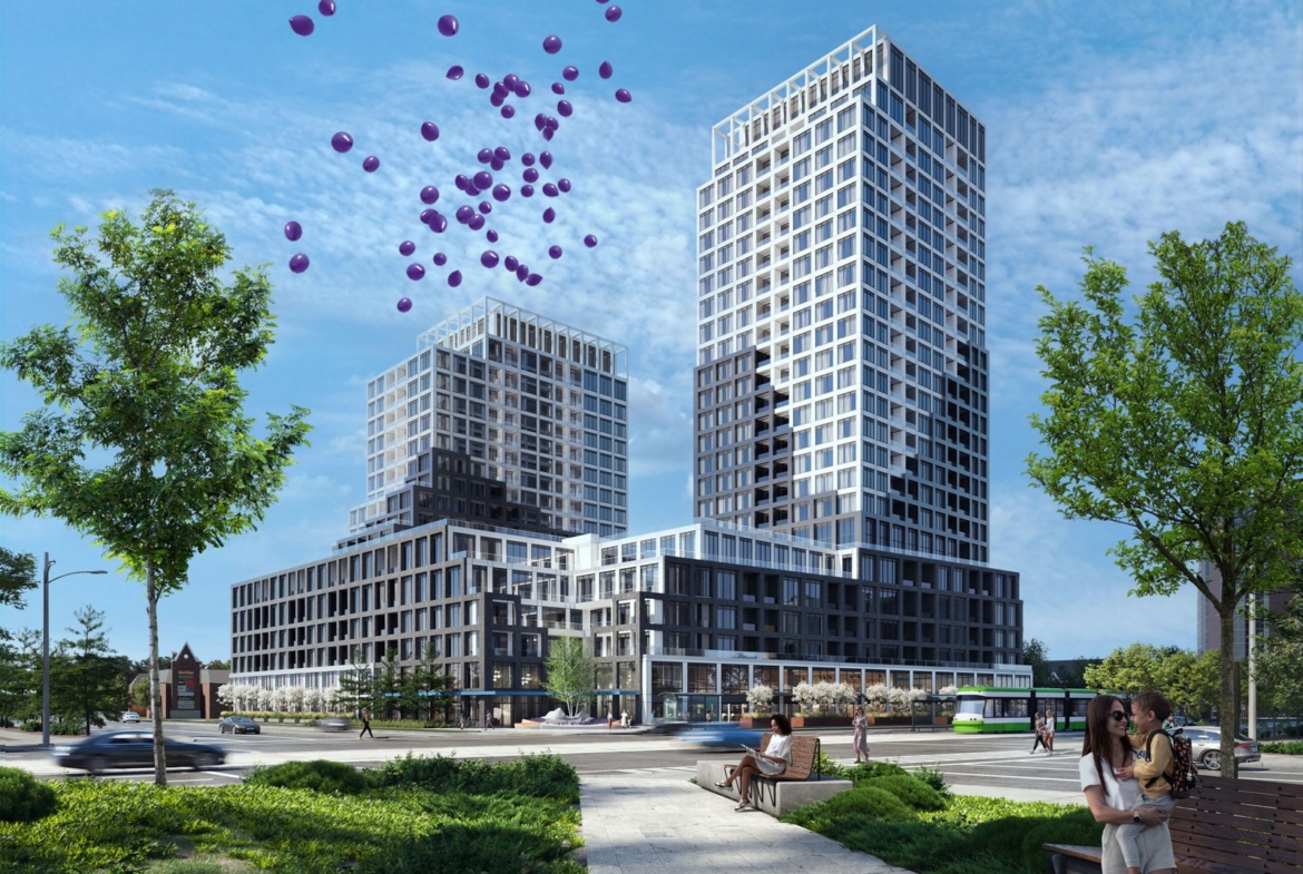 A modern urban scene features two tall, reflective skyscrapers above condos against a blue sky. Purple balloons float gracefully overhead. People stroll and relax in a park with lush green lawns and towering trees, creating a perfect real estate blend of nature and architecture.