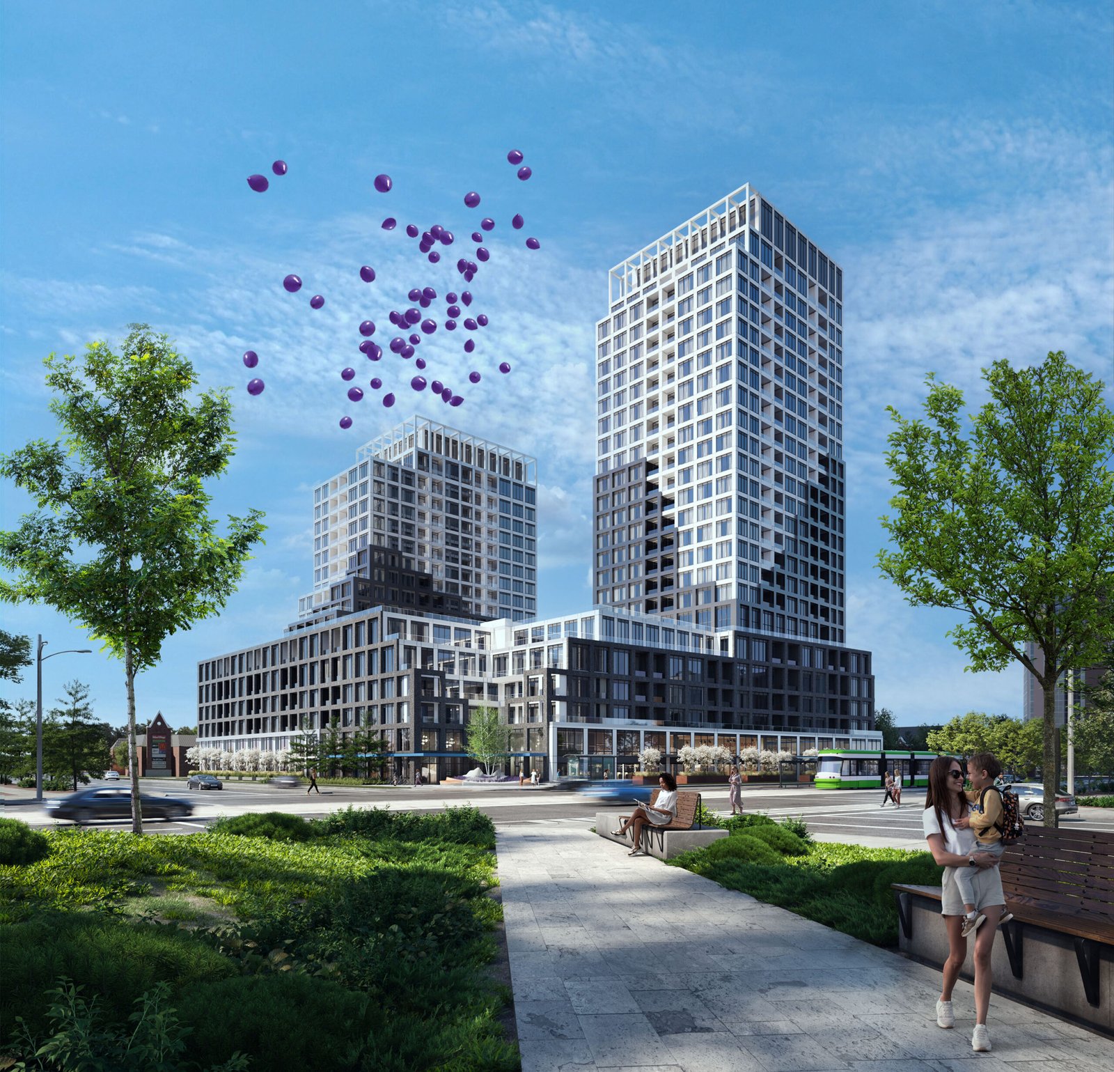 A modern urban scene features two tall, reflective skyscrapers above condos against a blue sky. Purple balloons float gracefully overhead. People stroll and relax in a park with lush green lawns and towering trees, creating a perfect real estate blend of nature and architecture.