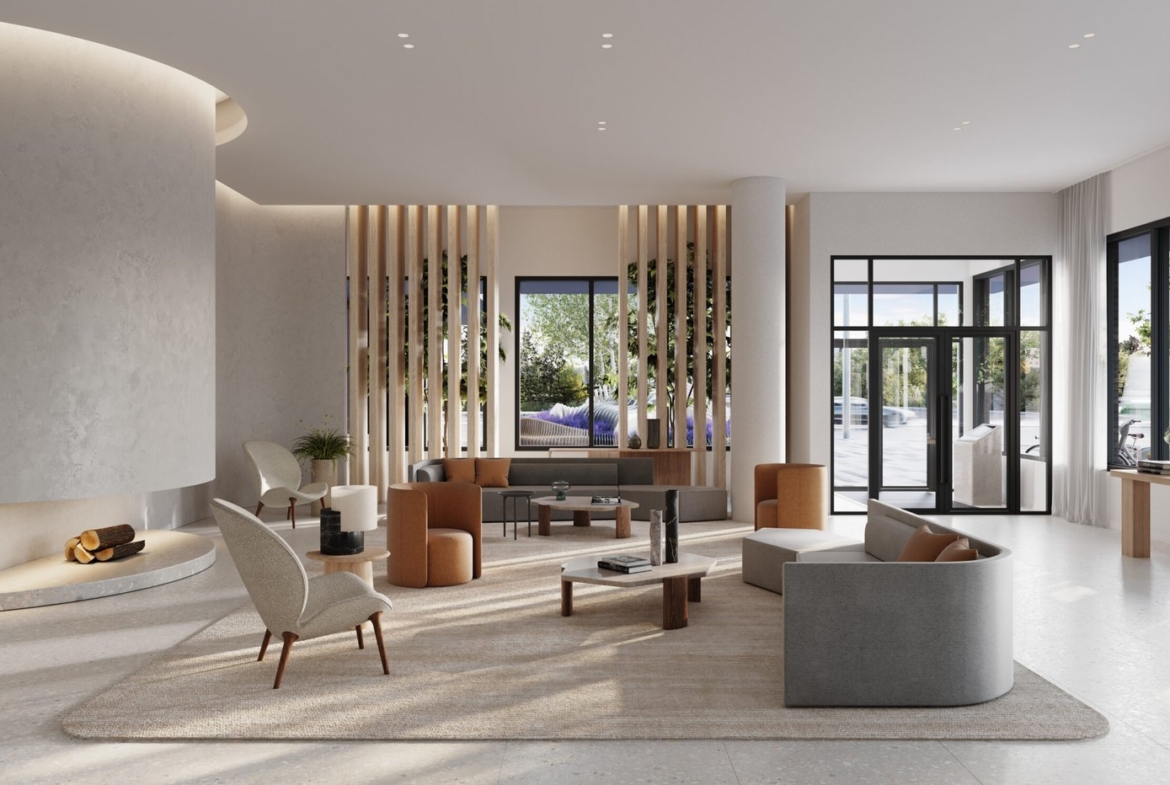 A modern living room in a high-rise condominium features minimalist design, neutral-toned furniture, and a circular fireplace on the left. Large windows illuminate the space with natural light, while wooden accents and greenery enhance the warm, inviting atmosphere—ideal for real estate enthusiasts.