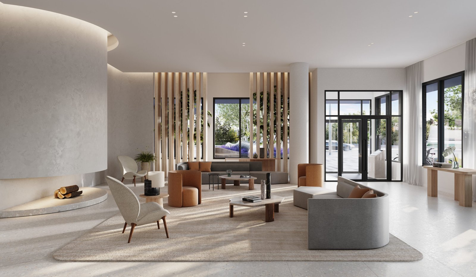 A modern living room in a high-rise condominium features minimalist design, neutral-toned furniture, and a circular fireplace on the left. Large windows illuminate the space with natural light, while wooden accents and greenery enhance the warm, inviting atmosphere—ideal for real estate enthusiasts.