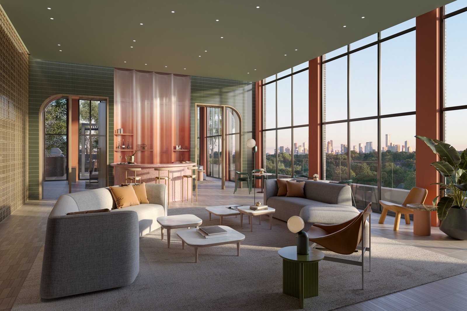 A modern living room in Above Condos boasts large floor-to-ceiling windows framing the city skyline. The space features contemporary furniture, including sofas, armchairs, and tables. Soft lighting creates a warm atmosphere, while plants add a touch of greenery to this luxurious real estate gem.