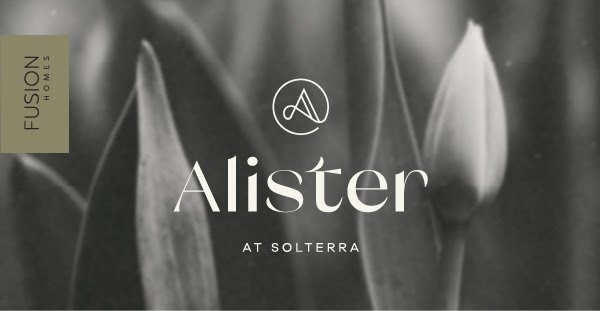 A black and white image showcases a close-up of tulip petals with "Alister at Solterra" elegantly inscribed in the center, hinting at the luxury of new homes in GTA. The Fusion Homes logo graces the left side, symbolizing excellence in pre-construction homes.