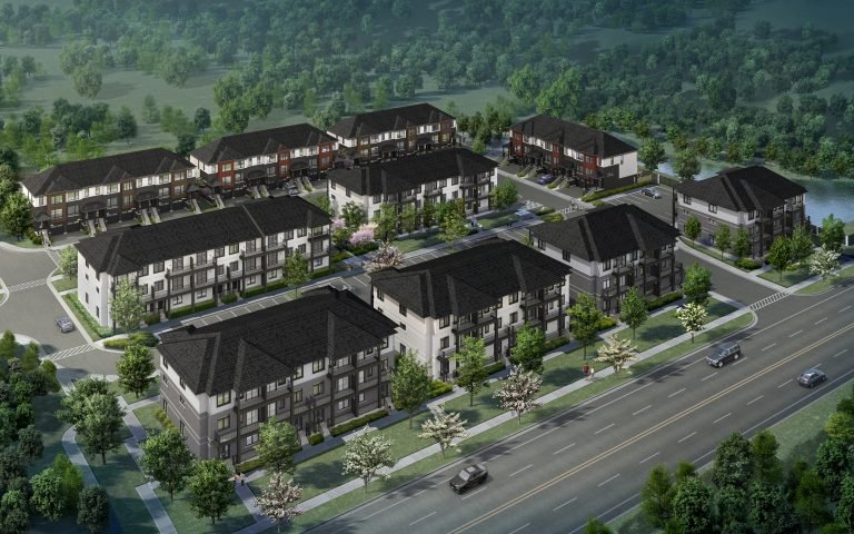 Aerial view of a residential neighborhood featuring new homes in the GTA with rows of modern, multi-story buildings surrounded by trees. A main road runs along the front with cars visible, alongside well-planned green spaces and parking lots.