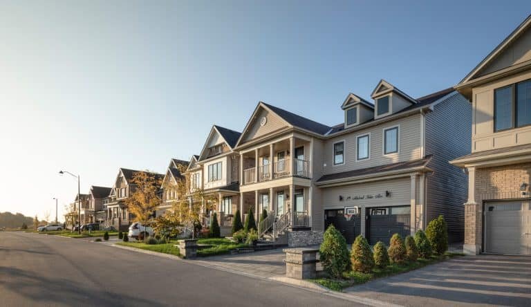 A row of modern suburban houses, including new homes in GTA, with well-maintained lawns and driveways, viewed during daytime under a clear blue sky. Some homes feature front porches and balconies, with small trees and shrubs lining the street.