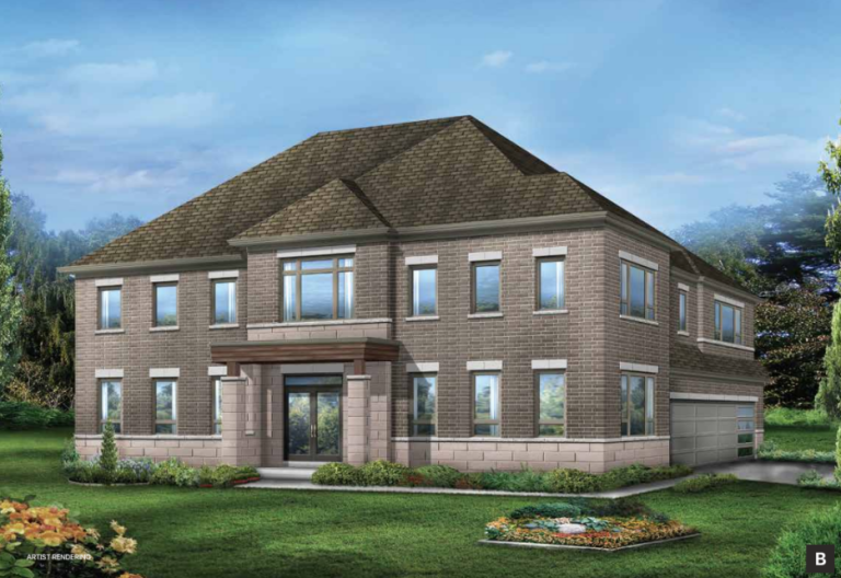 A large two-story brick house with multiple windows and a two-car garage, this gem represents the elegance of new homes in GTA. It's surrounded by a well-kept lawn and garden, set under a blue sky with a few clouds. Trees are visible in the background.