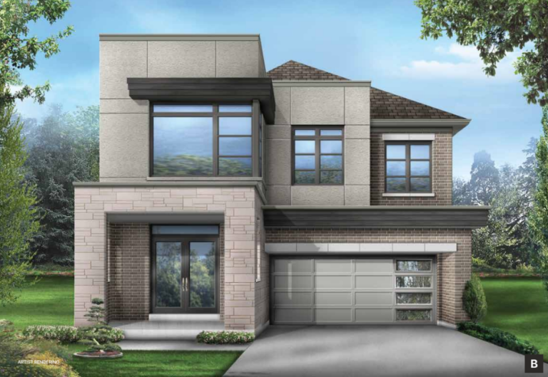 Modern, two-story house with a mix of brick and light-colored paneling. This pre-construction gem features large windows, a double garage, and a neatly landscaped front yard with grass and small plants. A perfect blend of style for new homes under the clear sky with some clouds.