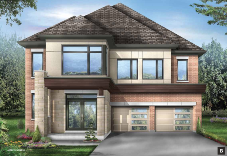 A modern two-story house with large windows, a blend of brick and stonework, and a double garage mirrors the elegance found in the new homes in GTA. The front yard is beautifully landscaped with small bushes and flowers under a clear blue sky.