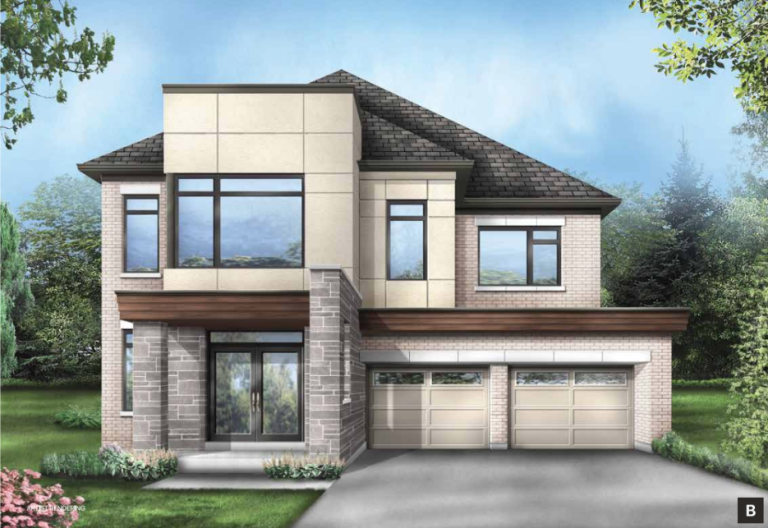 A modern two-story house with a mix of stone, brick, and beige siding awaits in this exquisite new home. It features large windows, a double garage, and a sloped roof. The front yard boasts green grass and trees, all set under a clear blue sky—ideal for those seeking new homes in the GTA.
