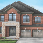A two-story brick house with large bay windows, a stone accent facade, and a double garage. Surrounded by trees with a front yard featuring a small lawn and flower beds, this charming residence exemplifies the allure of new homes in GTA.