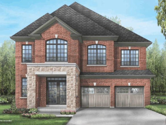 A two-story brick house with large bay windows, a stone accent facade, and a double garage. Surrounded by trees with a front yard featuring a small lawn and flower beds, this charming residence exemplifies the allure of new homes in GTA.