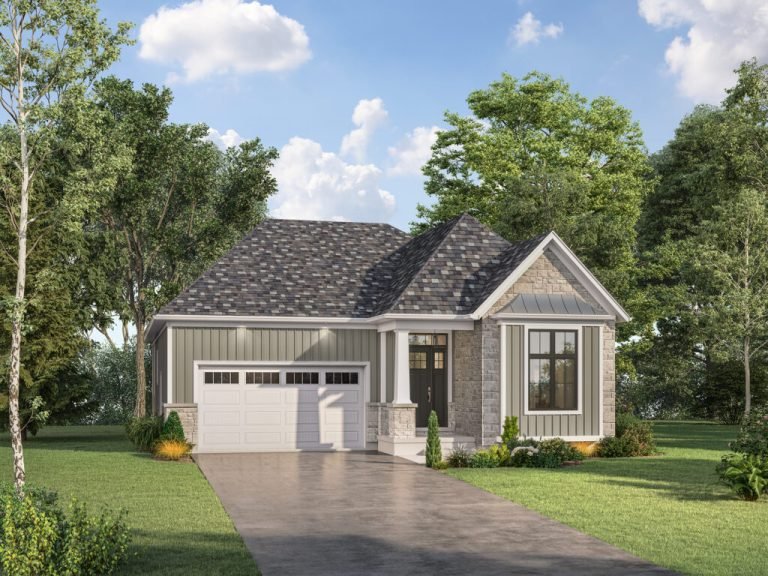 A single-story house by Gagan Bector showcases a gray roof, stone and siding exterior, and a white garage door. Surrounded by lush greenery under a partly cloudy blue sky, the home features a welcoming driveway leading to the front entrance.