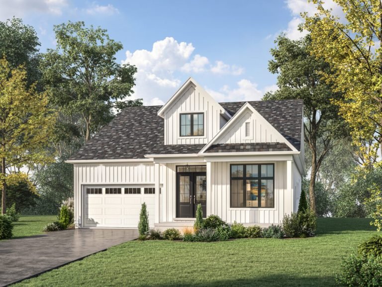 A modern, white farmhouse-style house with black accents features a gabled roof and covered front porch. It offers a manicured lawn, shrubs, and a driveway leading to a two-car garage amidst tall trees—a serene alternative to new condos in the GTA under a partly cloudy sky.