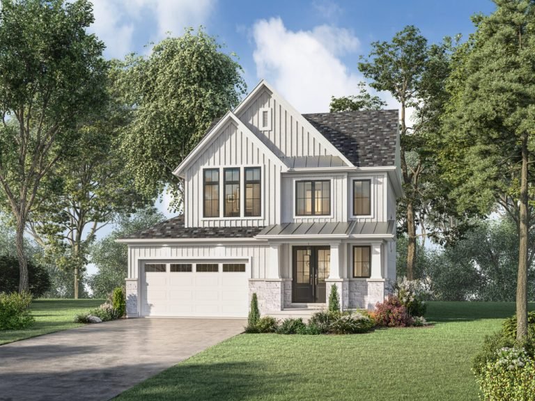 A modern two-story home by Gagan Bector features a white board and batten exterior, dark roof, and expansive windows. It includes a two-car garage and manicured lawn surrounded by trees, all set beneath a sky of blue with scattered clouds.