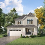 Nestled among trees, this modern two-story abode with gray siding and a shingled roof stands out in the charm of new homes in GTA. Large windows grace the front, alongside a double garage and paved driveway. A manicured lawn, dotted with shrubs, completes the picturesque scene under a clear blue sky.