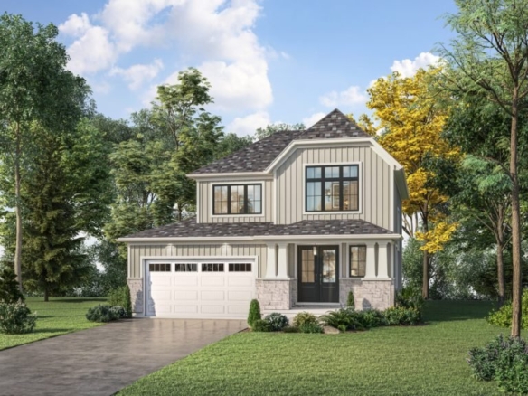 Nestled among trees, this modern two-story abode with gray siding and a shingled roof stands out in the charm of new homes in GTA. Large windows grace the front, alongside a double garage and paved driveway. A manicured lawn, dotted with shrubs, completes the picturesque scene under a clear blue sky.