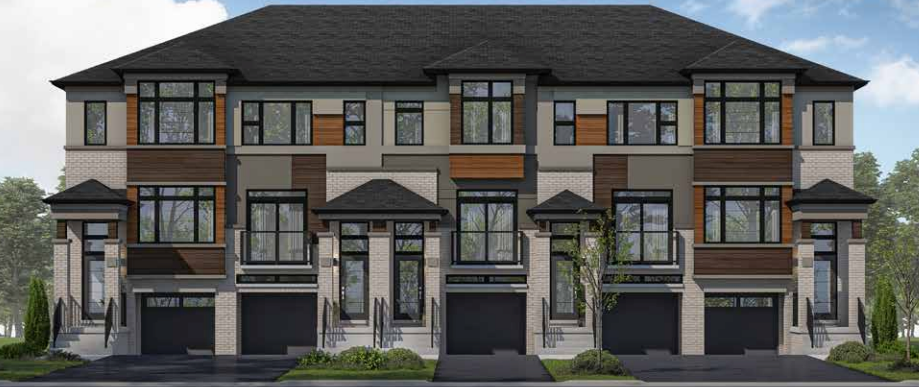 Nestled in Sienna Woods, this modern townhouse complex boasts three connected units with large windows, multi-textured facades, and sleek black garage doors. Surrounded by trees and set against a clear blue sky, these townhomes offer a serene escape in the heart of nature.