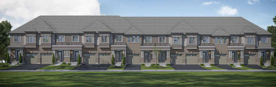 A row of modern, two-story townhouses in Sienna Woods showcases gray exteriors with garages and small front yards. The sky is blue with scattered clouds, and trees line both sides, creating a tranquil setting for these charming towns.