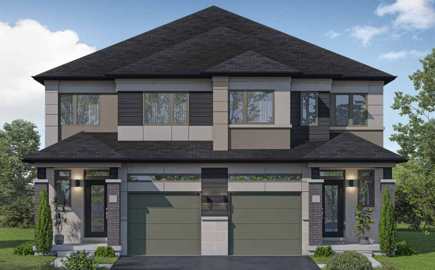 A modern two-story duplex in Sienna Woods boasts a dark roof, neutral-toned exterior, and two green garage doors. Large windows and sleek lines define the architecture. The front yard features small shrubs and trees, with a paved driveway leading to the garages, enhancing its suburban charm.
