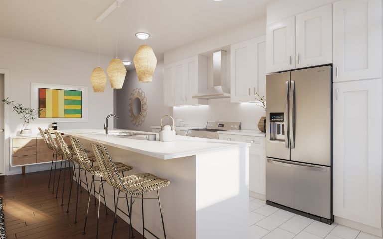 This modern kitchen in a new GTA home features white cabinets, an island with four wicker barstools, and stainless steel appliances. Pendant lights illuminate the space, while colorful artwork and a round mirror grace the walls. Hardwood and tile flooring complete this pre-construction gem.