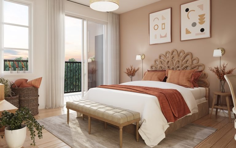 Experience a cozy bedroom in one of the new condos featuring a beige and burnt orange color scheme. Highlights include a bed with decorative pillows, a woven headboard, framed abstract art, a bench at the foot of the bed, a potted plant, and a balcony offering stunning views—a perfect retreat within Gagan Bector.