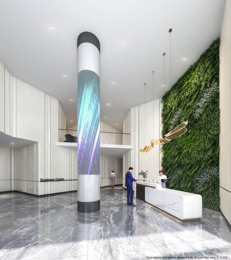 A modern office lobby with a sleek, white reception desk hosts two people interacting. A vertical LED display wraps around a column, while a green wall with plants decorates one side. The lively atmosphere is reminiscent of the innovative design found in new condos across the GTA. A modern office lobby with a sleek, white reception desk hosts two people interacting. A vertical LED display wraps around a column, while a green wall with plants decorates one side. The lively atmosphere is reminiscent of the innovative design found in new condos across the GTA.