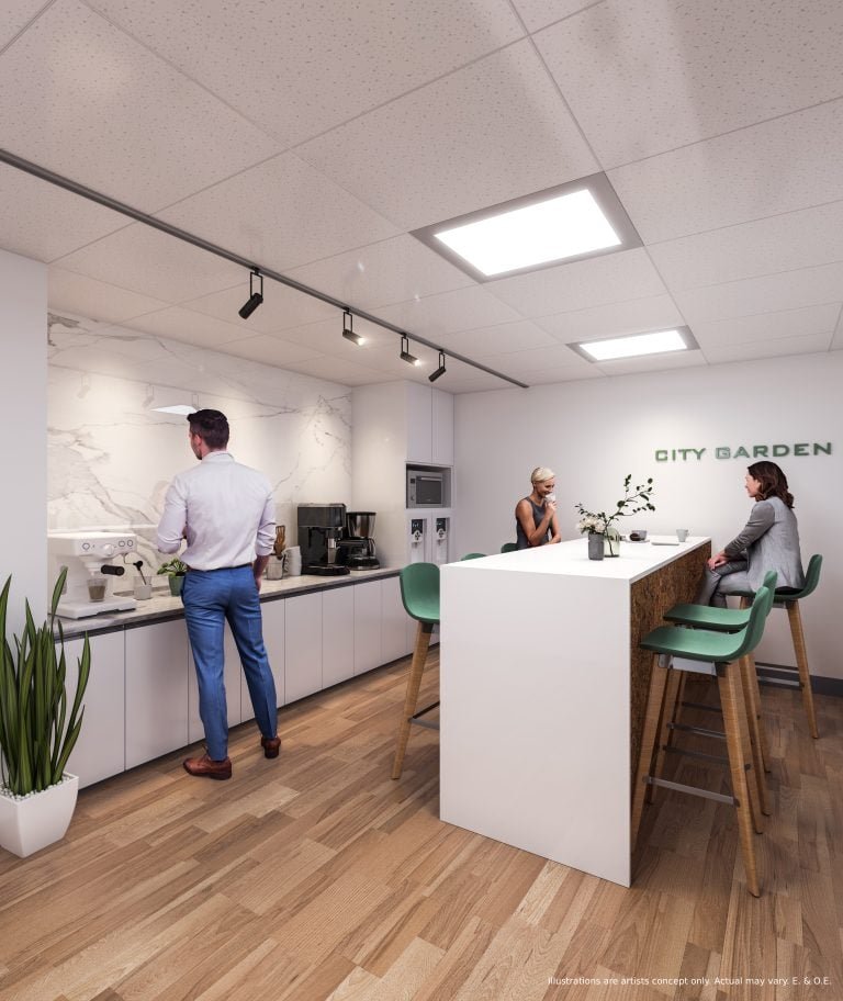 In the modern office kitchen of Gagan Bector, two women are seated at a tall table while a man in a white shirt and blue pants brews coffee. The space boasts white cabinets, wooden flooring, a plant, and the words “CITY GARDEN” elegantly displayed on the wall. In the modern office kitchen of Gagan Bector, two women are seated at a tall table while a man in a white shirt and blue pants brews coffee. The space boasts white cabinets, wooden flooring, a plant, and the words "CITY GARDEN" elegantly displayed on the wall.