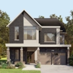 A two-story house with dark brick and beige accents, offering large windows and a double garage, exemplifies the charm of Gagan Bector. Surrounded by lush trees and greenery, a driveway guides you to the garage under a clear blue sky.