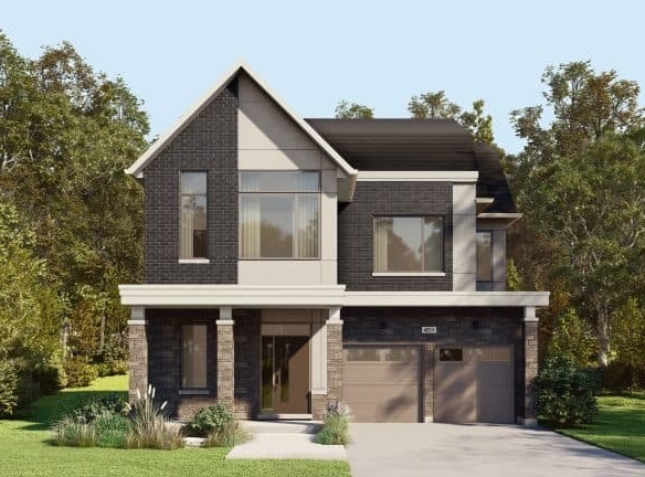 A two-story house with dark brick and beige accents, offering large windows and a double garage, exemplifies the charm of Gagan Bector. Surrounded by lush trees and greenery, a driveway guides you to the garage under a clear blue sky.