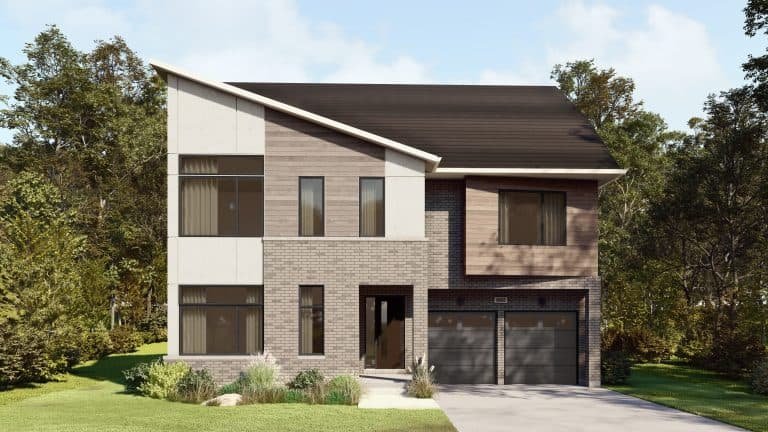 This modern two-story house showcases a mixed brick and wood exterior with large windows, set under an angled roof. An attached double garage complements the design. Perfect for those exploring new homes in GTA, it’s surrounded by trees and grass under a clear blue sky.