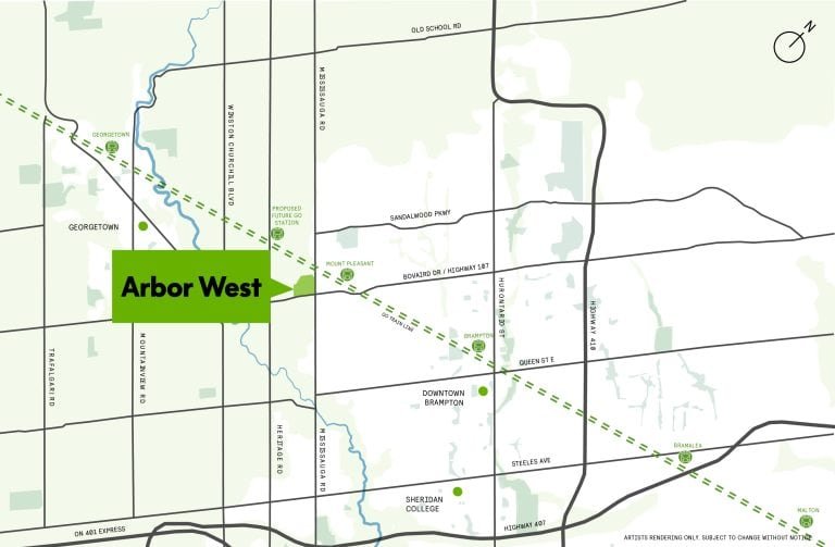 Map illustrating Arbor West development location, adjacent to anticipated pre-construction homes. Features roads such as Old School Rd, Queen St, and Major William Sharpe Dr. Highlights nearby areas like Downtown Brampton, Sheridan College, and transit routes. North arrow in the top right corner.