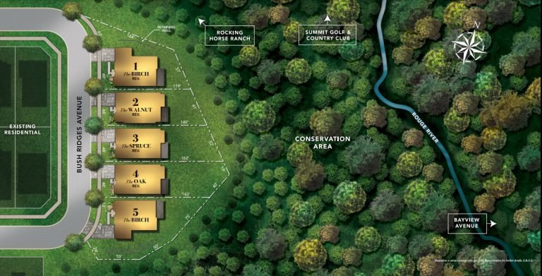 Aerial map showcasing five residential lots, numbered 1 to 5 and labeled Birch, Walnut, Spruce, Oak. Nestled among the trees near Rocking Horse Ranch and Summit Golf & Country Club, these new homes in GTA offer a picturesque escape just off Bayview Avenue.