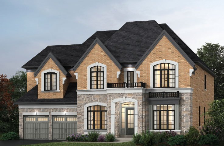 A large, two-story pre-construction home with a light brick and stone exterior. It features multiple windows, two garages with gray doors, and a neatly manicured lawn. The steep, dark roof boasts a small balcony over the entrance—a prime example of new homes in the GTA by Gagan Bector.