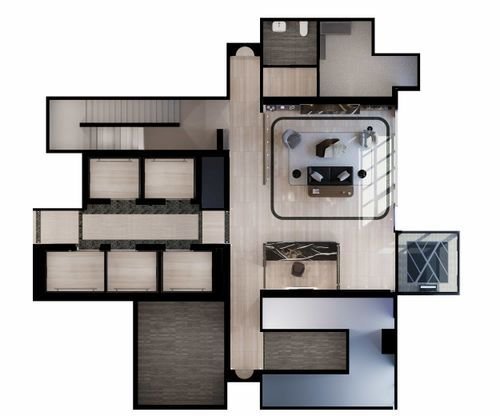 Architectural floor plan of a modern apartment in new condos in GTA. Features include a living area, kitchen, dining space, and multiple rooms. The design emphasizes open spaces with sleek, contemporary furnishings and minimalist decor.