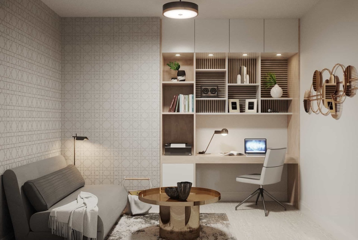 A modern living room in new homes features a gray sofa, round wooden coffee table, and sleek desk setup. A laptop rests on the desk built into shelving with books and decor. A patterned wall and unique wall art add style to this contemporary space.