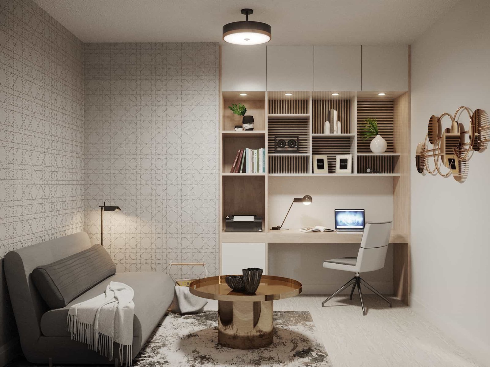 A modern living room in new homes features a gray sofa, round wooden coffee table, and sleek desk setup. A laptop rests on the desk built into shelving with books and decor. A patterned wall and unique wall art add style to this contemporary space.