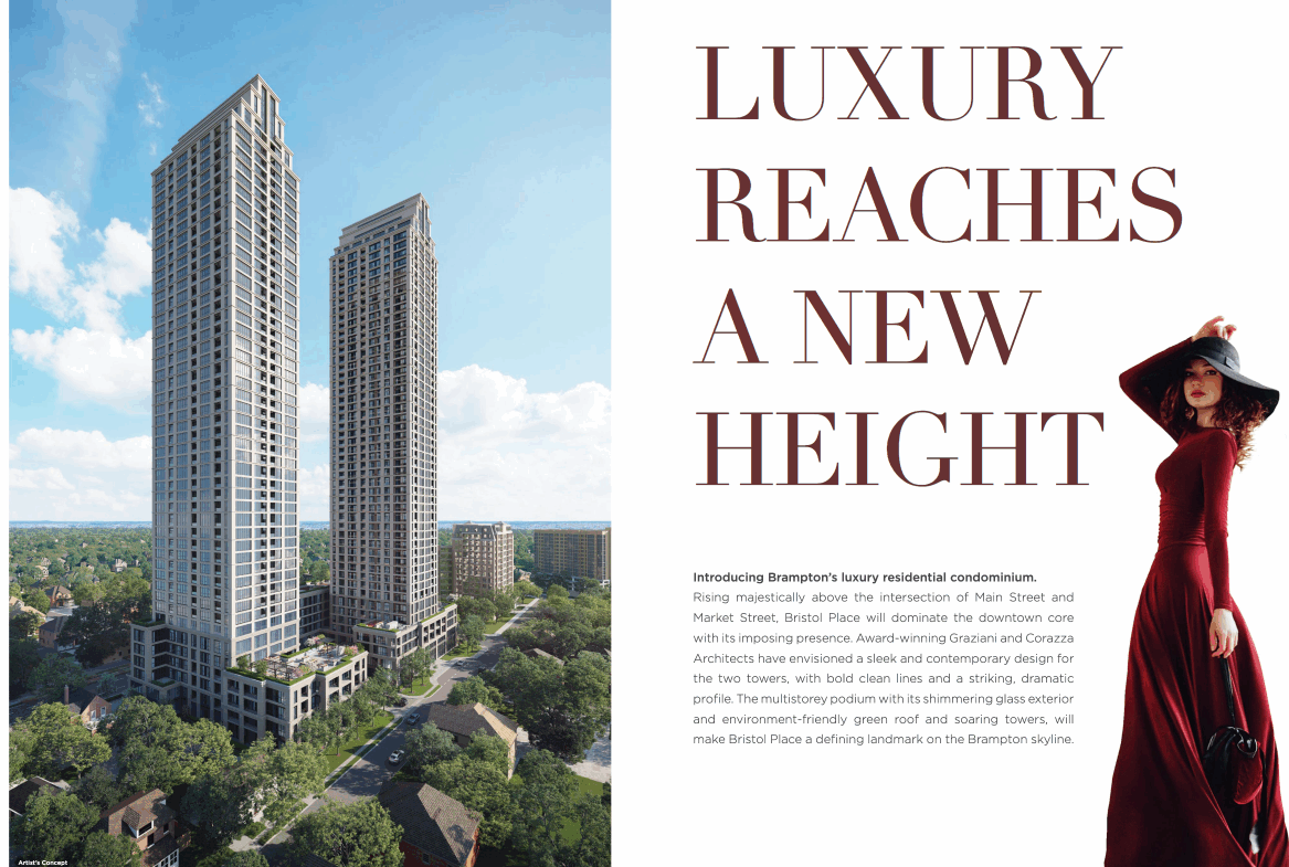 A modern cityscape with two tall skyscrapers and trees below showcases the allure of pre-construction homes. On the right, the text reads, "Luxury Reaches a New Height." A woman in a red dress and hat stands elegantly in the lower right corner.