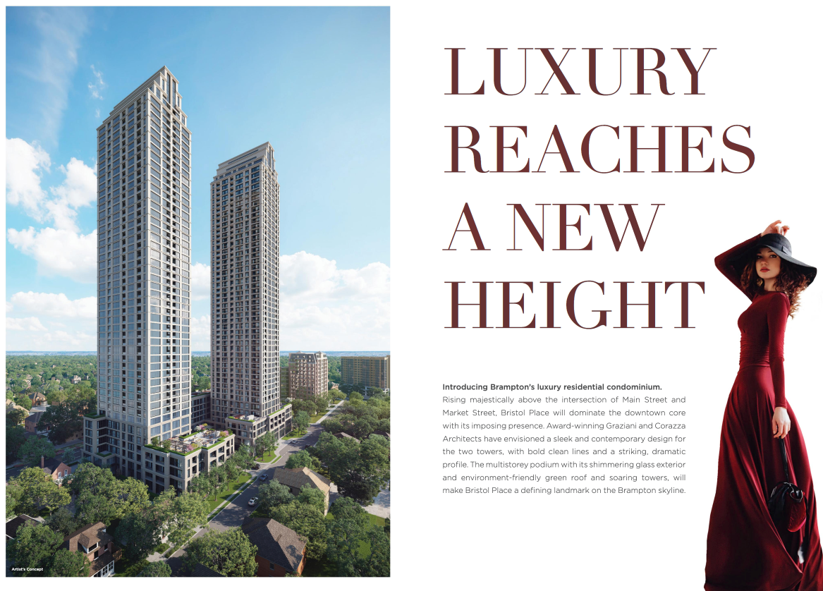 A modern cityscape with two tall skyscrapers and trees below showcases the allure of pre-construction homes. On the right, the text reads, "Luxury Reaches a New Height." A woman in a red dress and hat stands elegantly in the lower right corner.