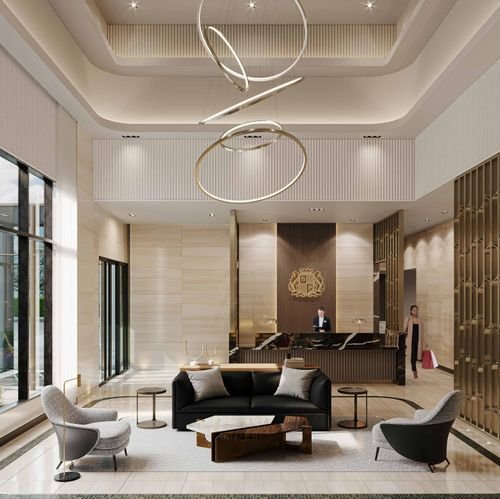 Modern hotel lobby with elegant design, featuring a black sofa, two gray chairs, and a unique wooden coffee table. A receptionist is at the desk, and large windows allow natural light to illuminate the space. With an eye-catching circular chandelier above, it embodies the sophistication of new condos in GTA.