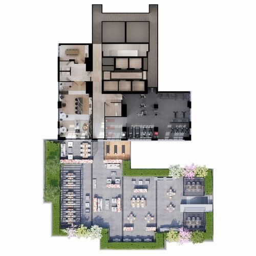 A detailed architectural floor plan of pre-construction homes reveals a complex layout with various rooms and a surrounding outdoor area. The design showcases seating arrangements and greenery outside, while inside features multiple rooms and pathways, promising elegant new homes in the GTA.