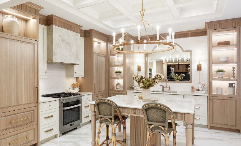 Camden Crossing A modern kitchen in Camden Crossing with light wood cabinets, a white marble countertop island, and two high-backed chairs. The space features a large circular chandelier, open shelving with decor items, a stainless steel stove, and coffered ceilings with recessed lighting.