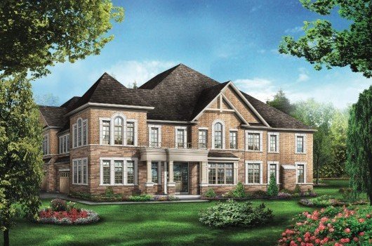 Anchor Woods A large, elegant two-story brick house with gabled roofs is surrounded by a lush green lawn and well-maintained garden. Anchored amidst the serene woods, the house features numerous windows and a prominent entrance with columns. The sky is clear, and trees frame the background.