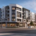 Modern five-story apartment building with a mix of black, white, and gray exterior panels. Large windows and ground-floor retail spaces enhance the appeal of these new homes in GTA. The setting includes a few cars and trees, all under a clear sky at sunset.