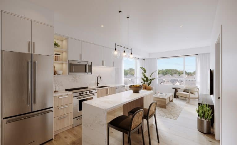 Modern open-plan kitchen and living area in new condos featuring light wood cabinets, stainless steel appliances, and a marble island with two chairs. A cozy living space with a large window, armchairs, and plants. Neutral color palette and minimalist decor perfect for Gagan Bector.