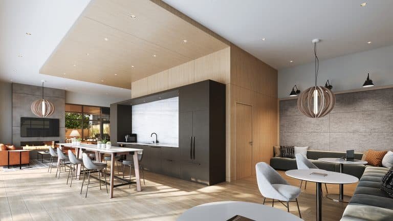 Modern open-concept room in new condos with a sleek kitchen featuring a dark island and light wooden cabinetry. Nearby, a dining table and chairs are arranged. Seating area includes sofas and round tables, with pendant lights adding warmth. Large windows allow natural light.