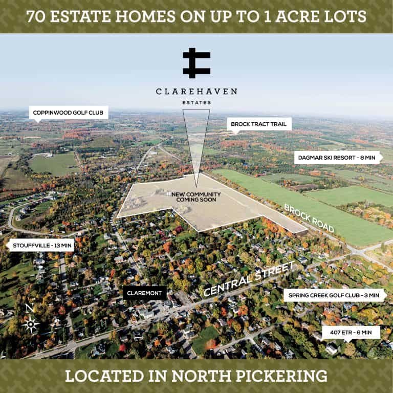 An aerial map view highlighting Clarehaven Estates, a new community in North Pickering, showcases 70 estate homes on up to 1-acre lots. Nearby landmarks include Coppinwood Golf Club, Brock Tract Trail, Dagmar Ski Resort, Spring Creek Golf Club, Highway 407, and more.