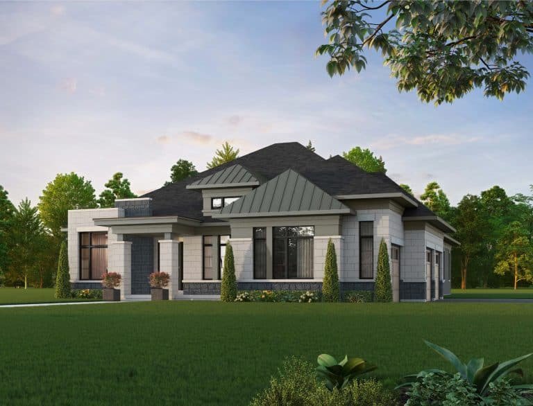 A modern single-story house in Clarehaven Estates with a mix of light and dark exterior colors, featuring large windows and a sloped roof. The surrounding yard boasts well-maintained grass, with plants and trees visible in the background under a clear sky.